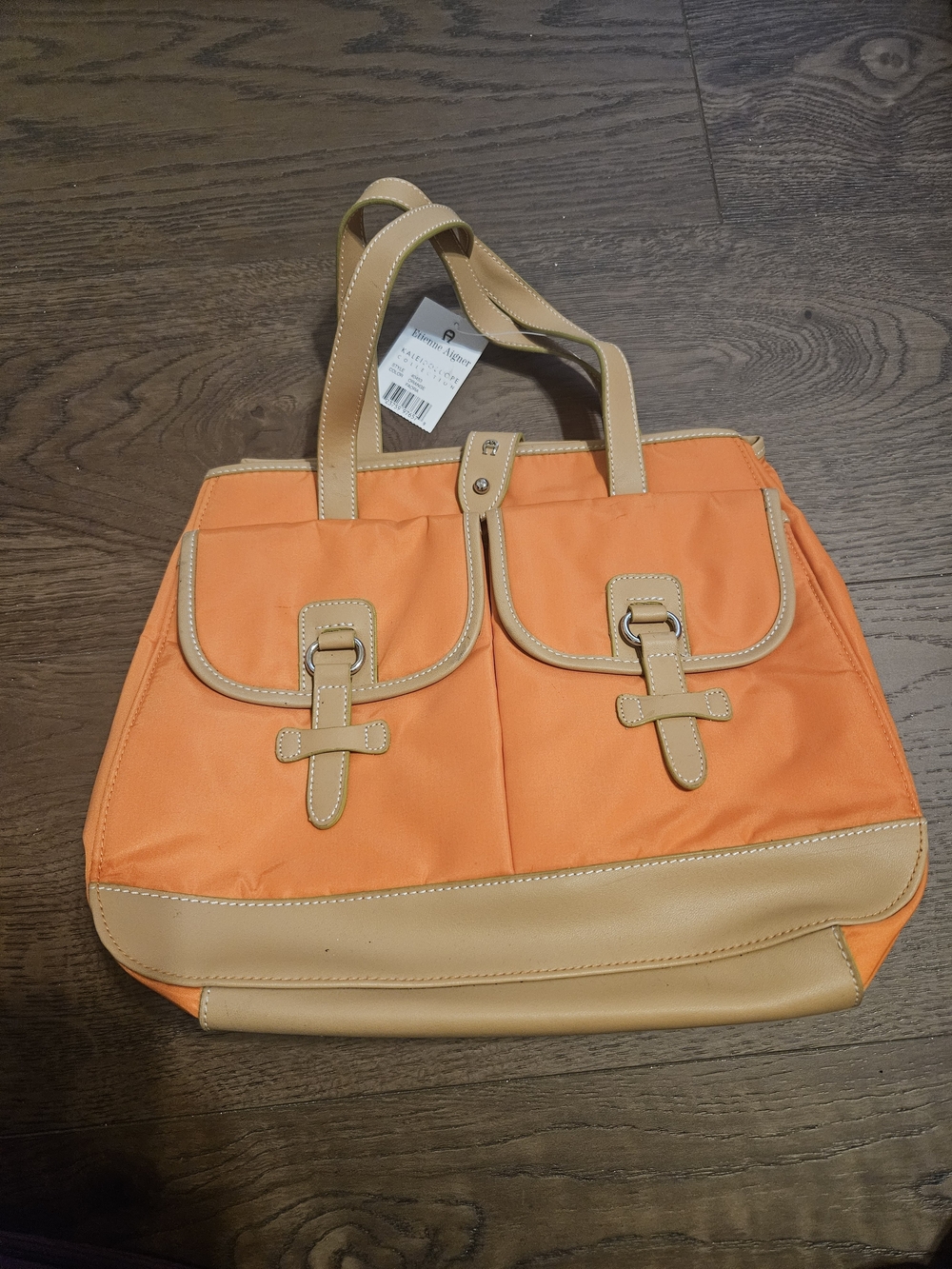 Etienne Aigner Orange Tote with Tan Trim and Dual Front Buckle Pockets